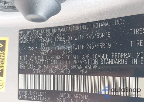 2019 Toyota Highlander Se from USA, damaged, VIN 5TDKZRFH1KS569049